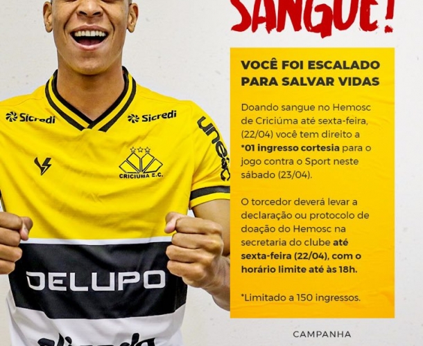 Clube oferece 150 ingressos para torcedores que doarem sangue