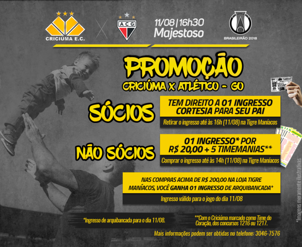 Promoção de ingressos para Criciúma e Atlético-GO